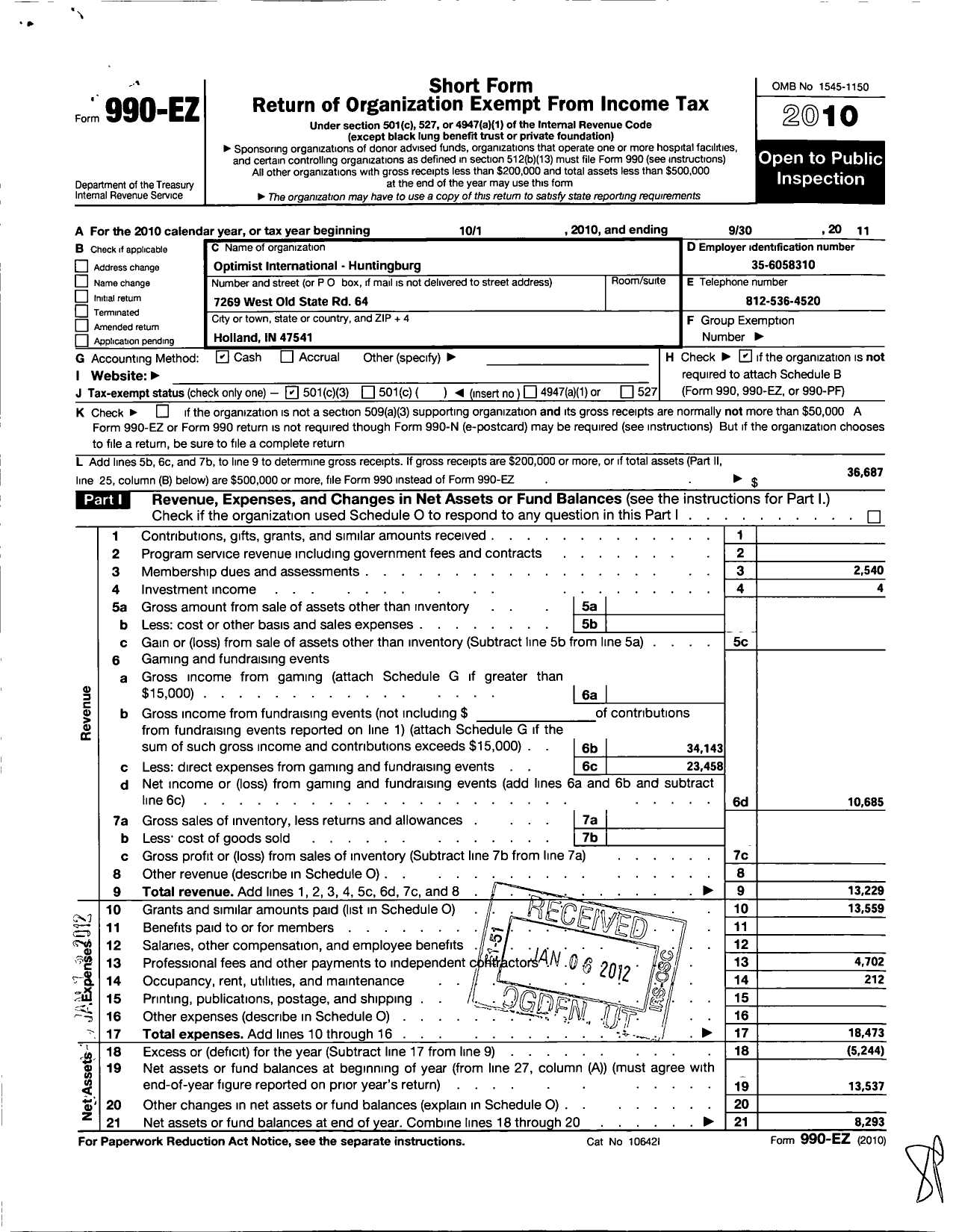 Image of first page of 2010 Form 990EZ for Optimist International - 05270 O C of Huntingburg in