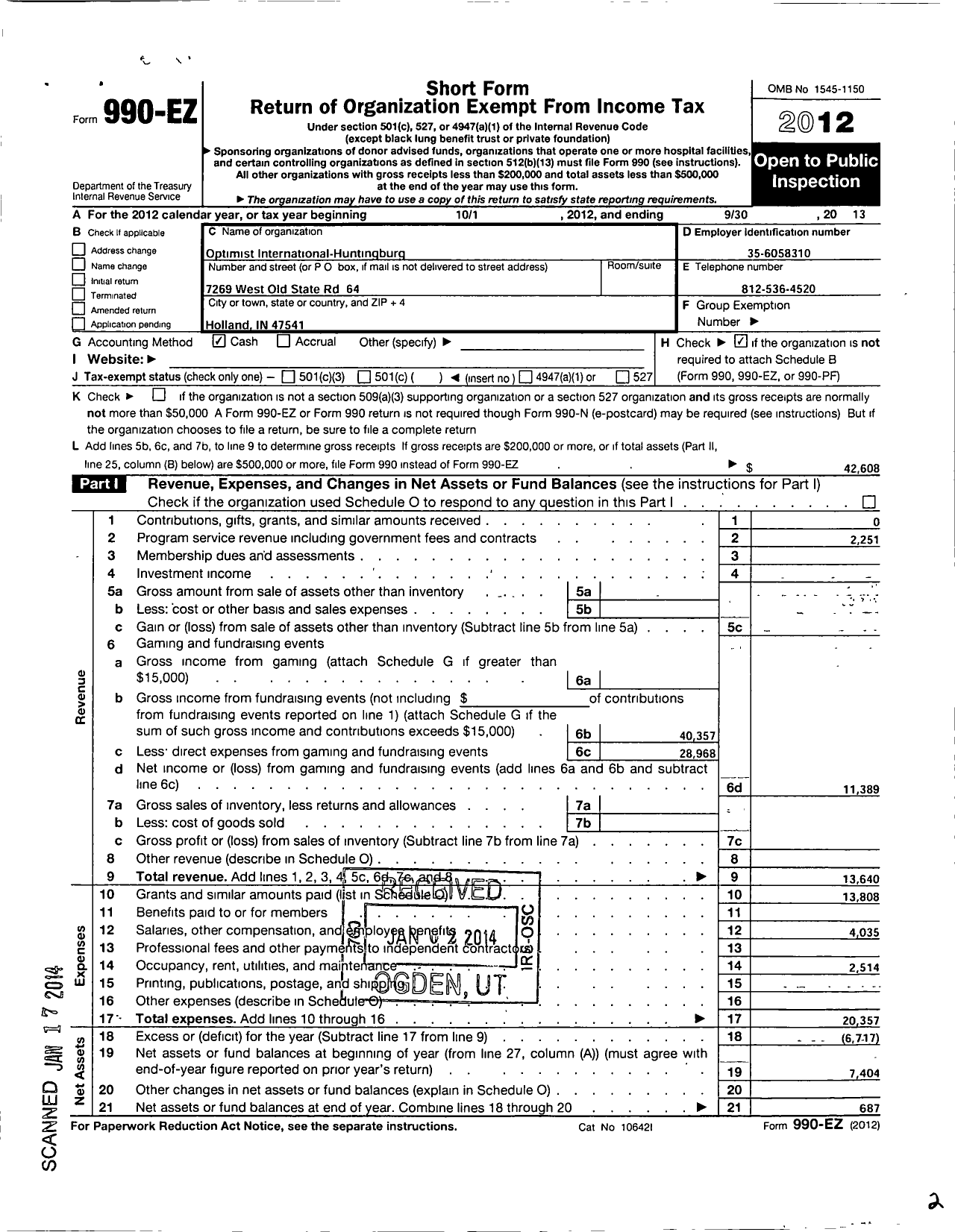 Image of first page of 2012 Form 990EO for Optimist International - 05270 O C of Huntingburg in