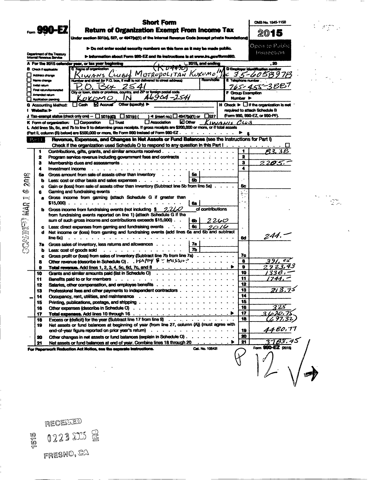 Image of first page of 2015 Form 990EO for Kiwanis International - K04490 Metropolitan Kokomo