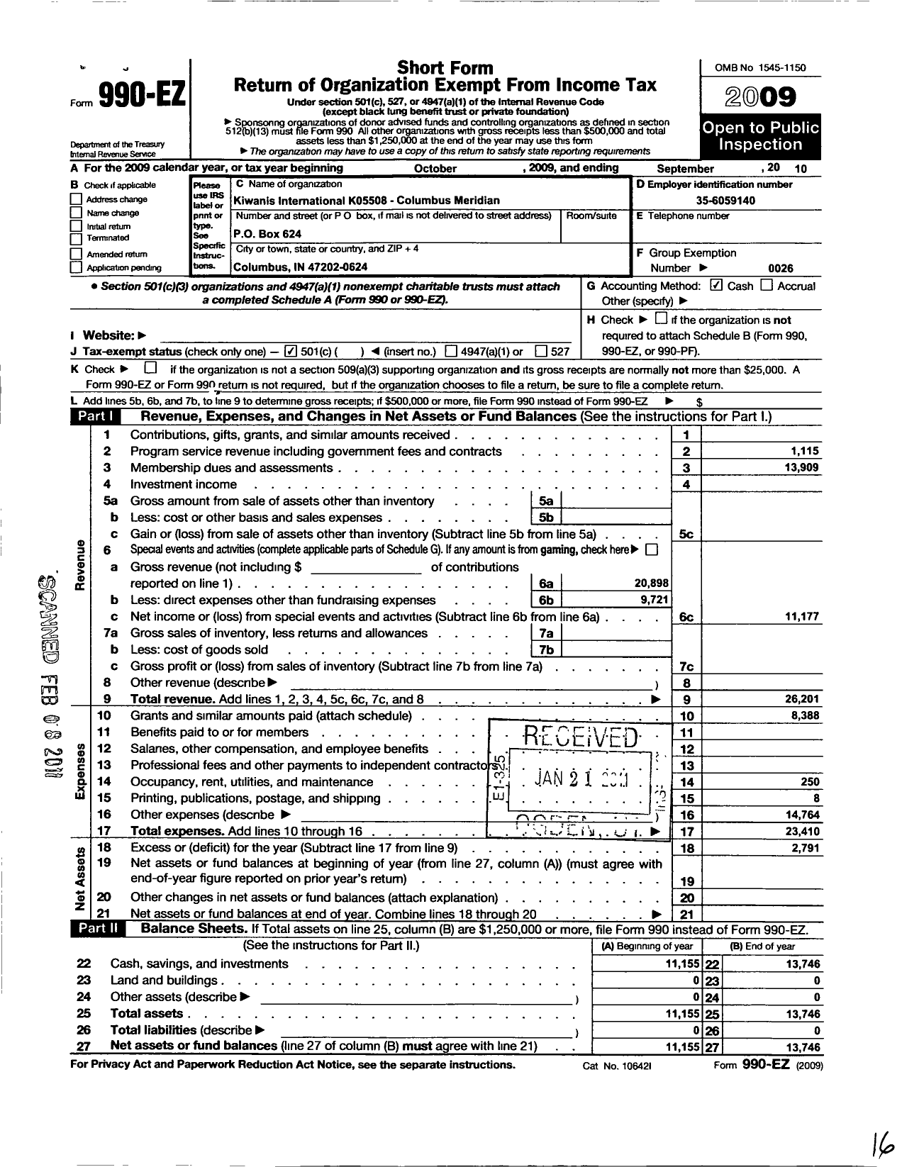 Image of first page of 2009 Form 990EO for Kiwanis International - K05508 Columbus Meridian