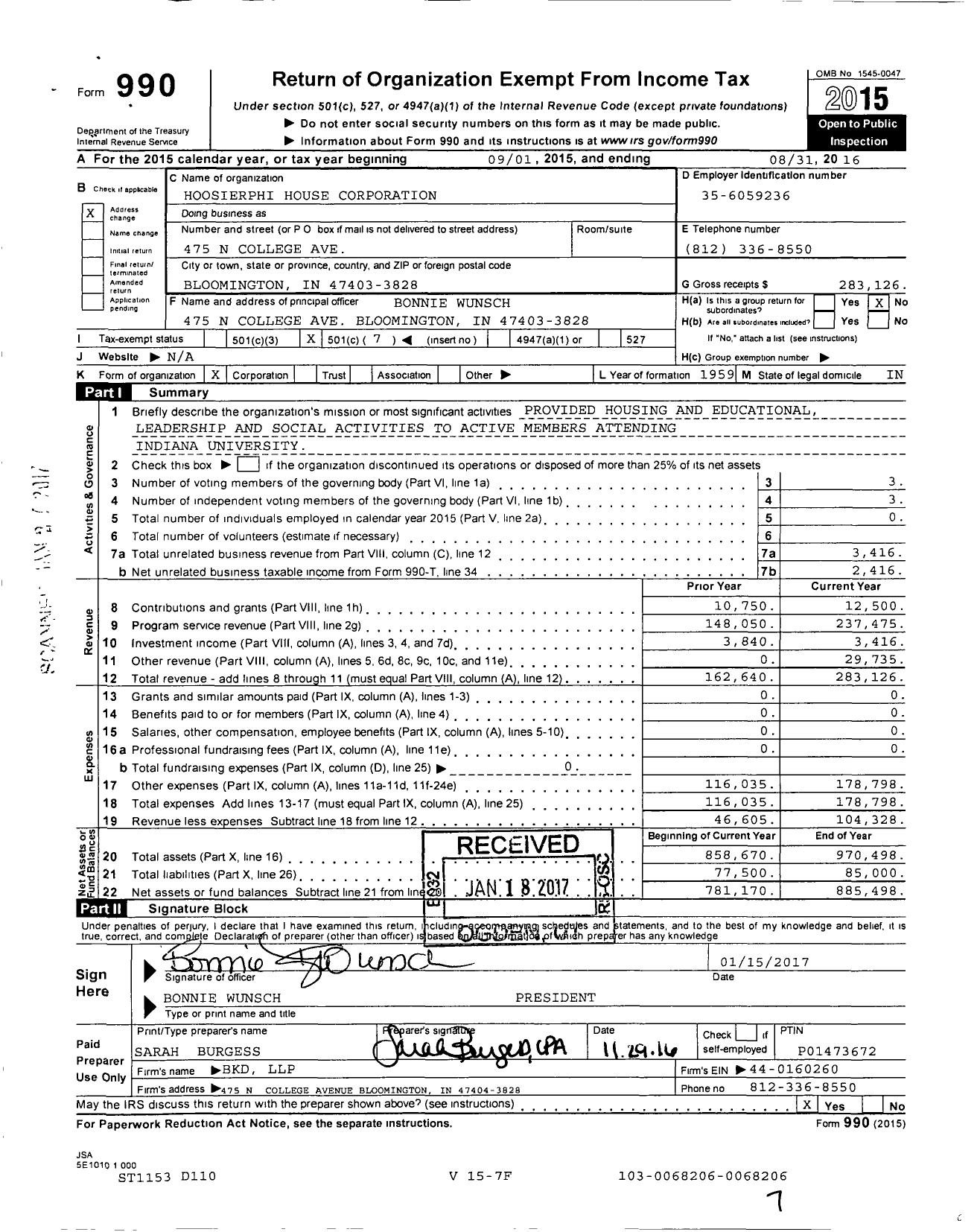 Image of first page of 2015 Form 990O for Hoosierphi House Corporation