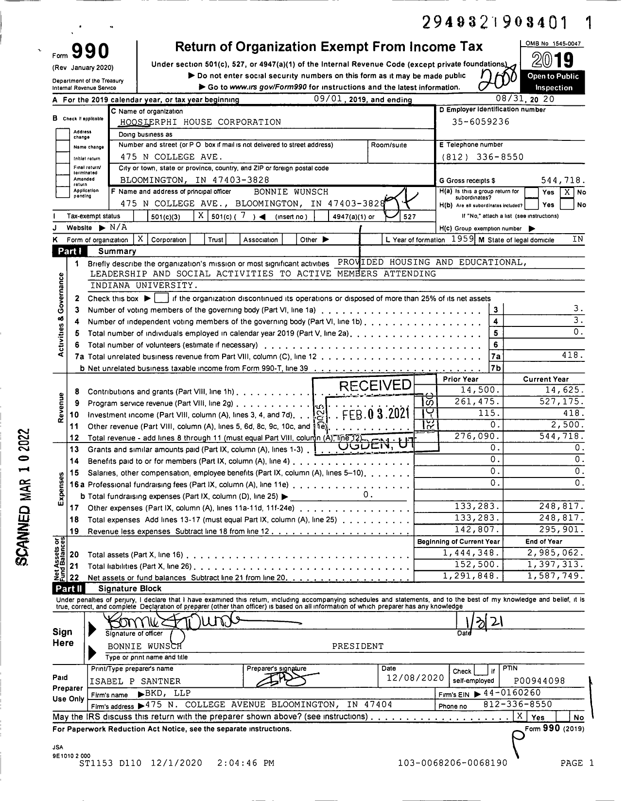 Image of first page of 2019 Form 990O for Hoosierphi House Corporation