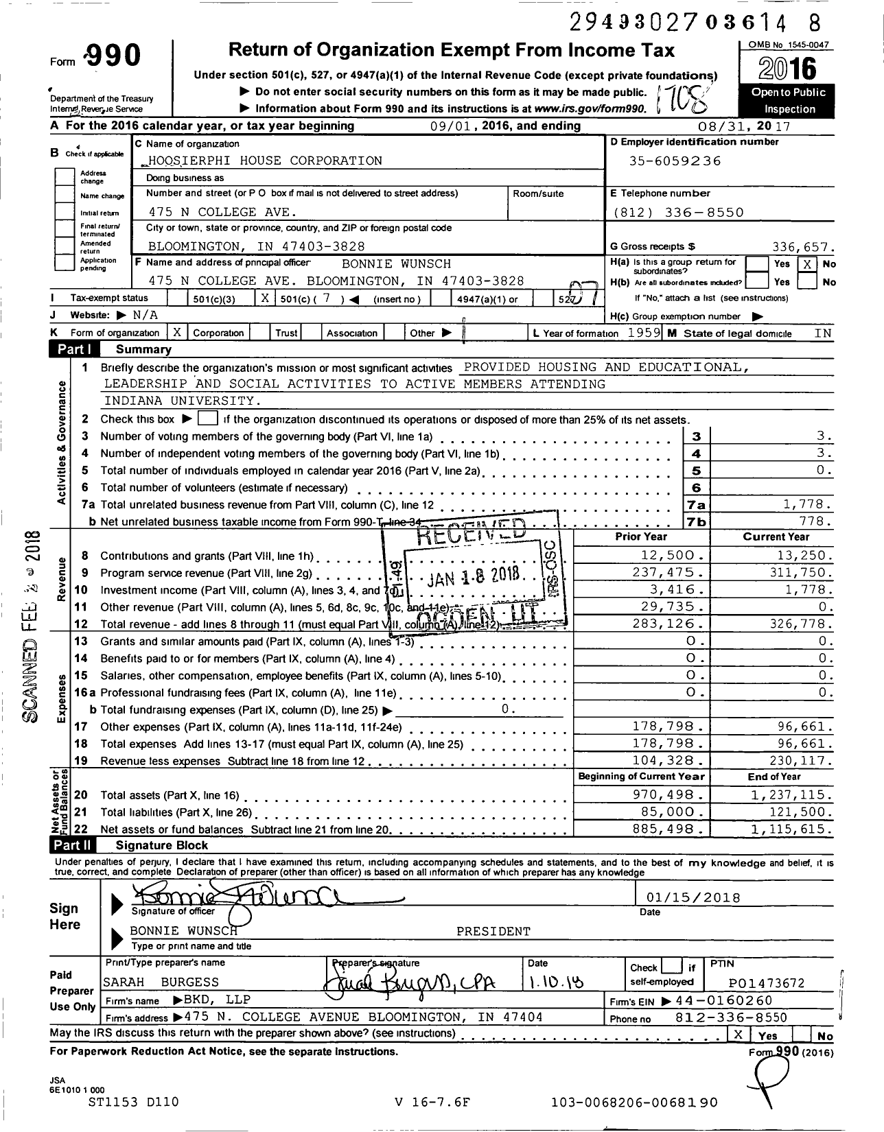 Image of first page of 2016 Form 990O for Hoosierphi House Corporation