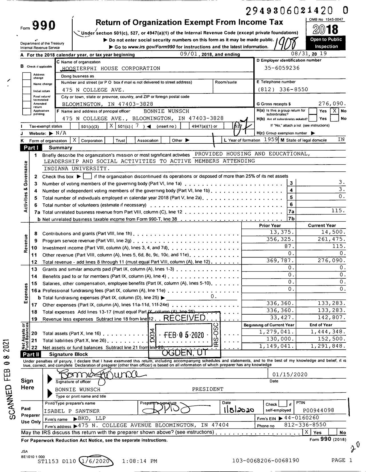 Image of first page of 2018 Form 990O for Hoosierphi House Corporation