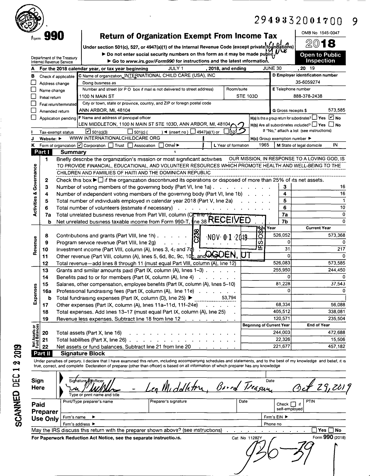 Image of first page of 2018 Form 990 for International Child Care USA