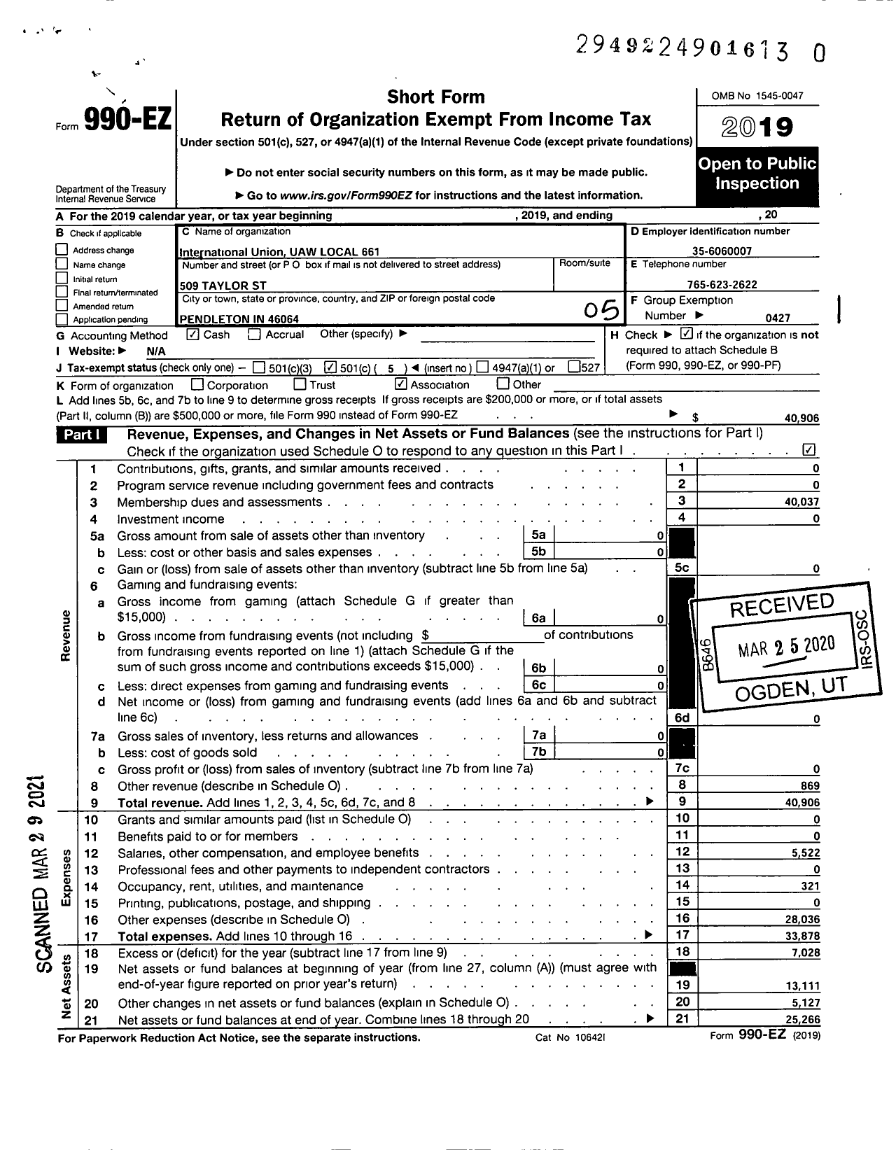 Image of first page of 2019 Form 990EO for Uaw - 661 Uaw Local