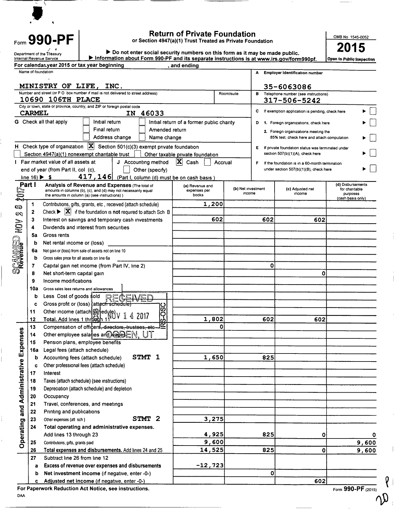 Image of first page of 2015 Form 990PF for Ministry of Life