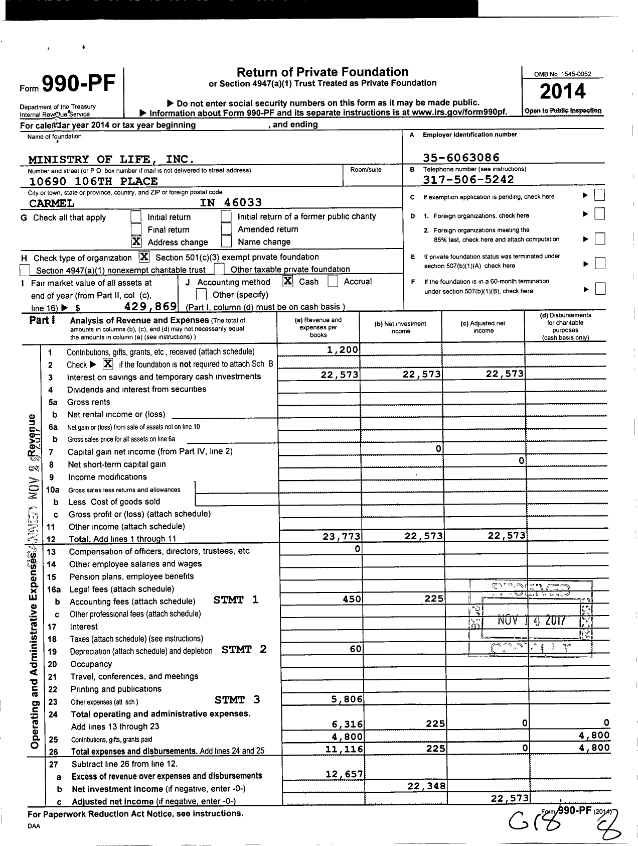 Image of first page of 2014 Form 990PF for Ministry of Life