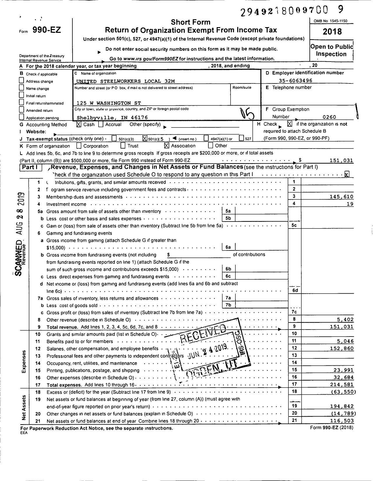 Image of first page of 2018 Form 990EO for United Steelworkers - 00032M