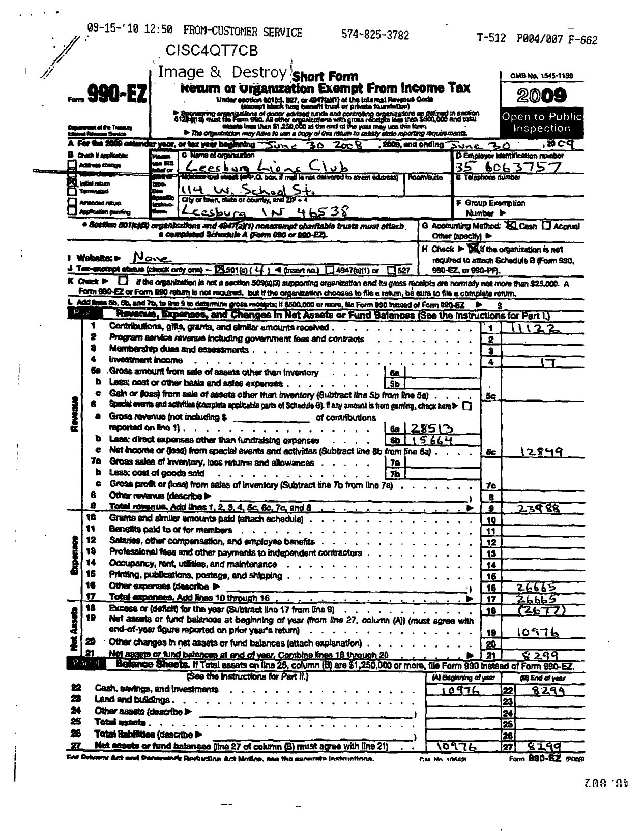 Image of first page of 2008 Form 990EOR for Lions Clubs - 9816 Leesburg