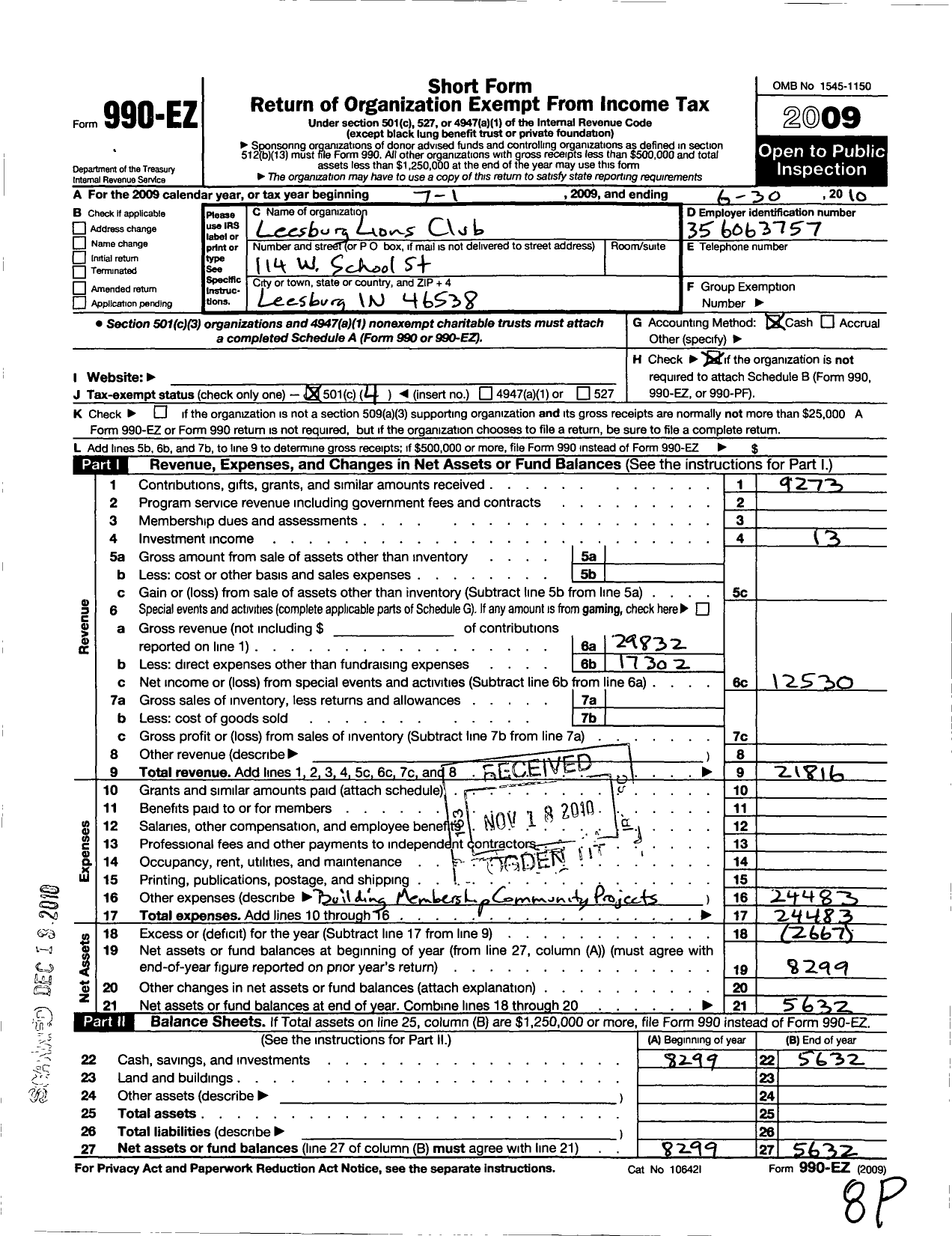 Image of first page of 2009 Form 990EO for Lions Clubs - 9816 Leesburg