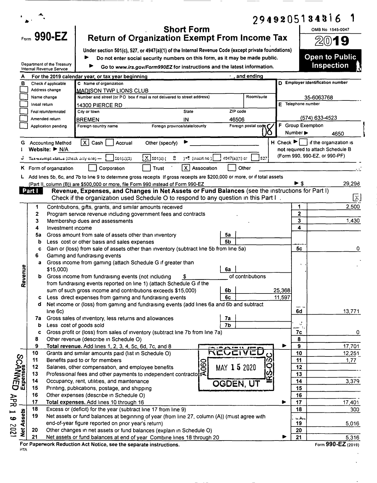 Image of first page of 2019 Form 990EO for Lions Clubs - 9818 Madison Township