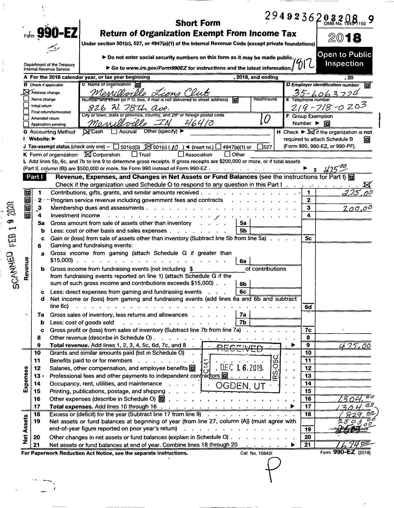 Image of first page of 2018 Form 990EO for Merrillville Lions Clubb