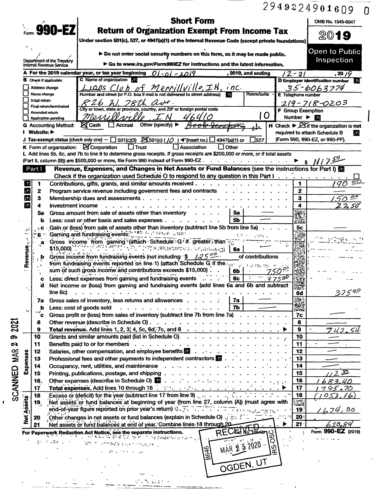 Image of first page of 2019 Form 990EO for Merrillville Lions Clubb