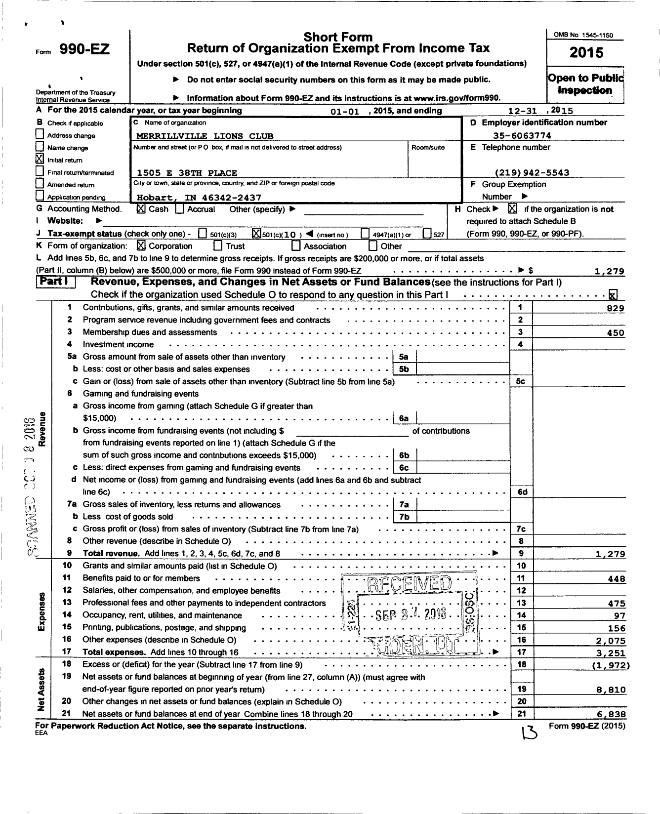 Image of first page of 2015 Form 990EO for Merrillville Lions Clubb