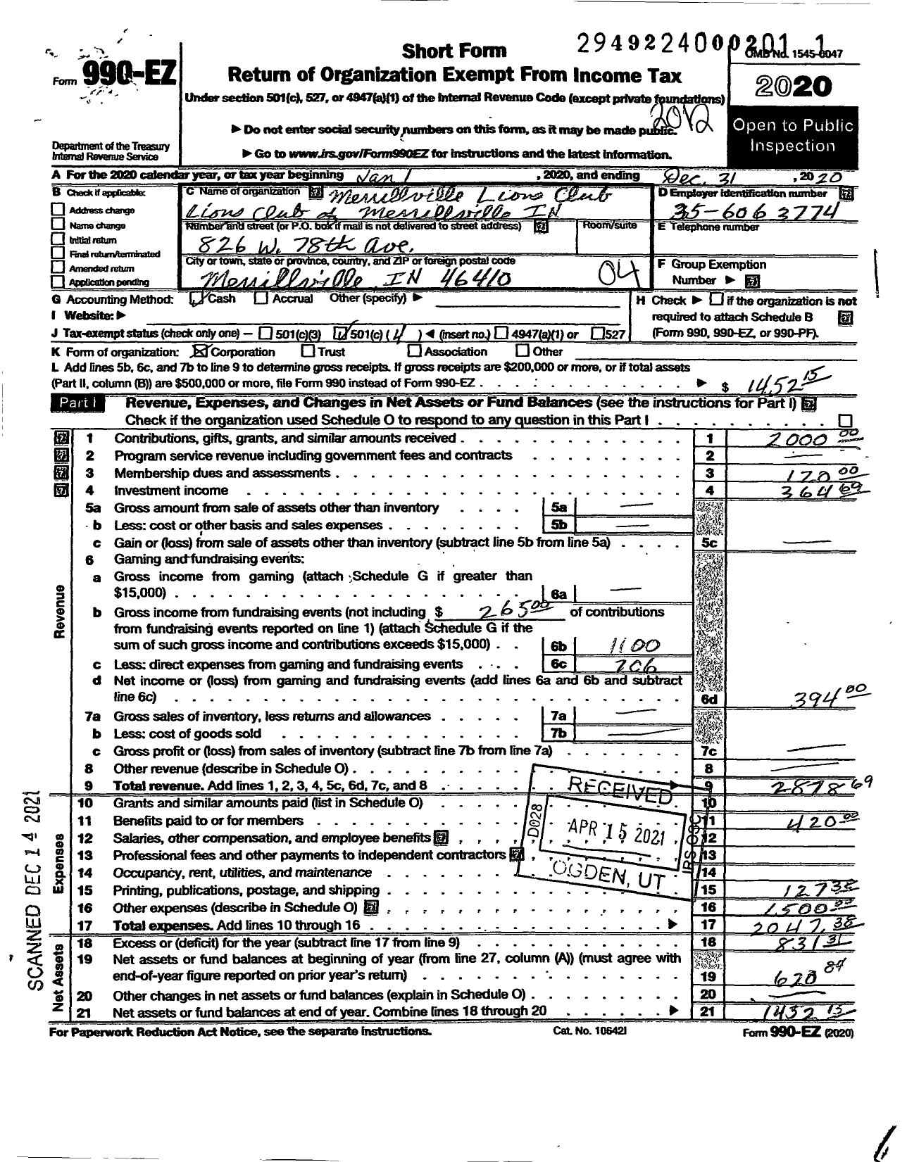 Image of first page of 2020 Form 990EO for Merrillville Lions Clubb