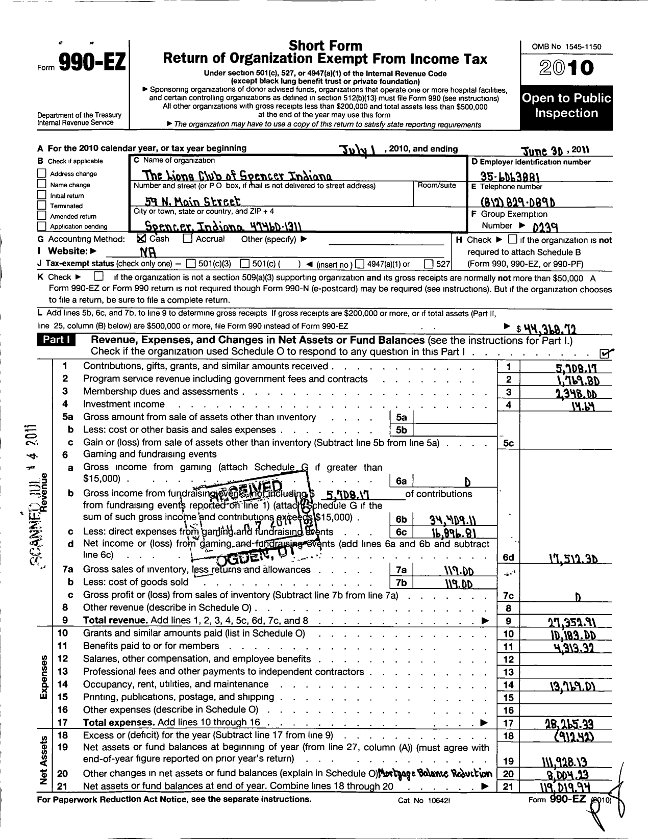 Image of first page of 2010 Form 990EO for Lions Clubs - 9700 Spencer