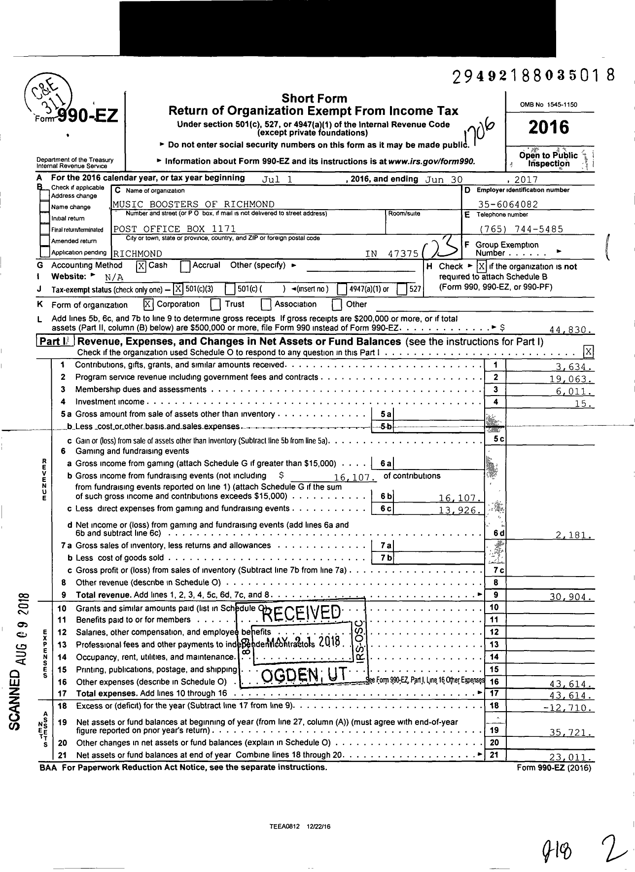 Image of first page of 2016 Form 990EZ for Music Boosters of Richmond