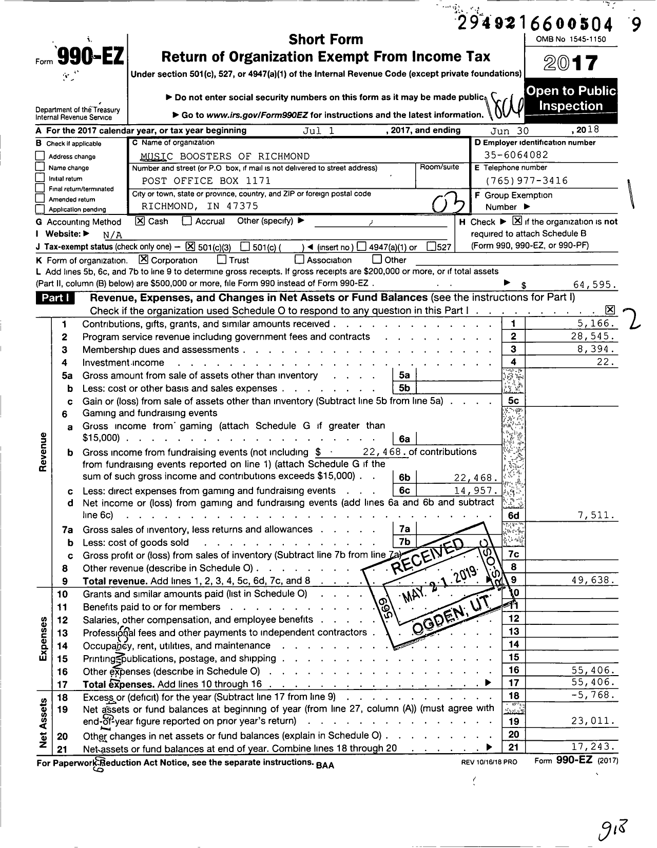 Image of first page of 2017 Form 990EZ for Music Boosters of Richmond