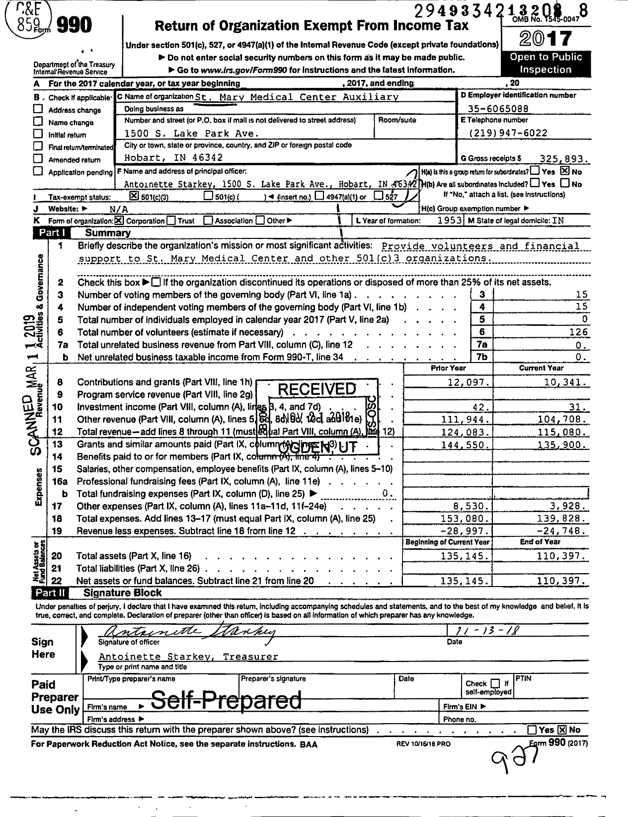 Image of first page of 2017 Form 990 for St Mary Medical Center Auxiliary