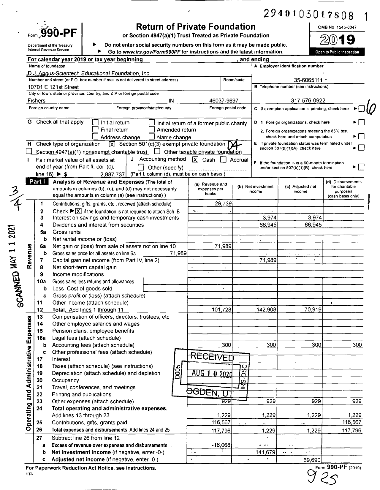 Image of first page of 2019 Form 990PF for The Scientech Foundation of Indiana