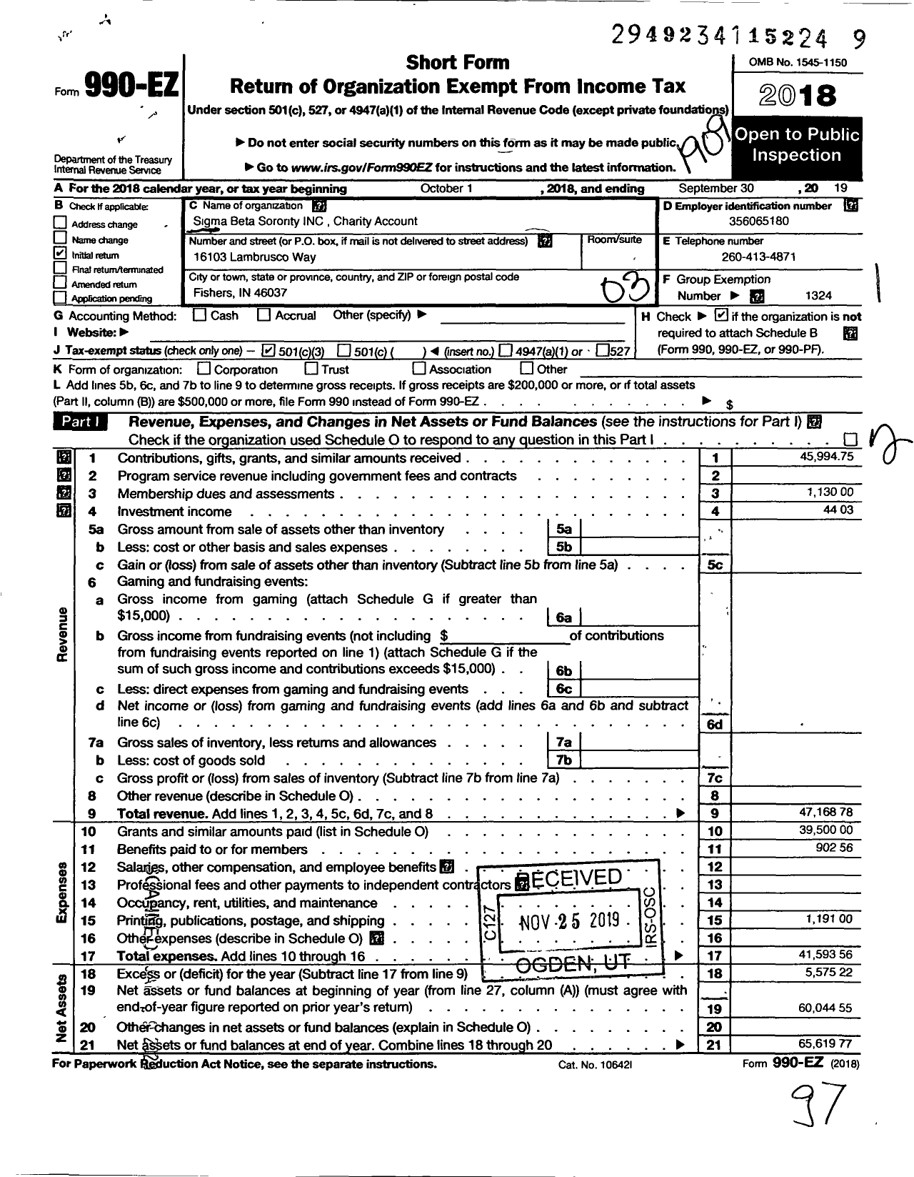 Image of first page of 2018 Form 990EZ for Sigma Beta Sorority