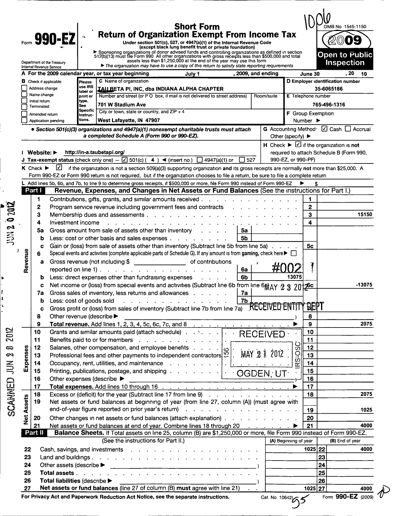 Image of first page of 2009 Form 990EO for Tau Beta Pi Association / Indiana Alpha Chapter