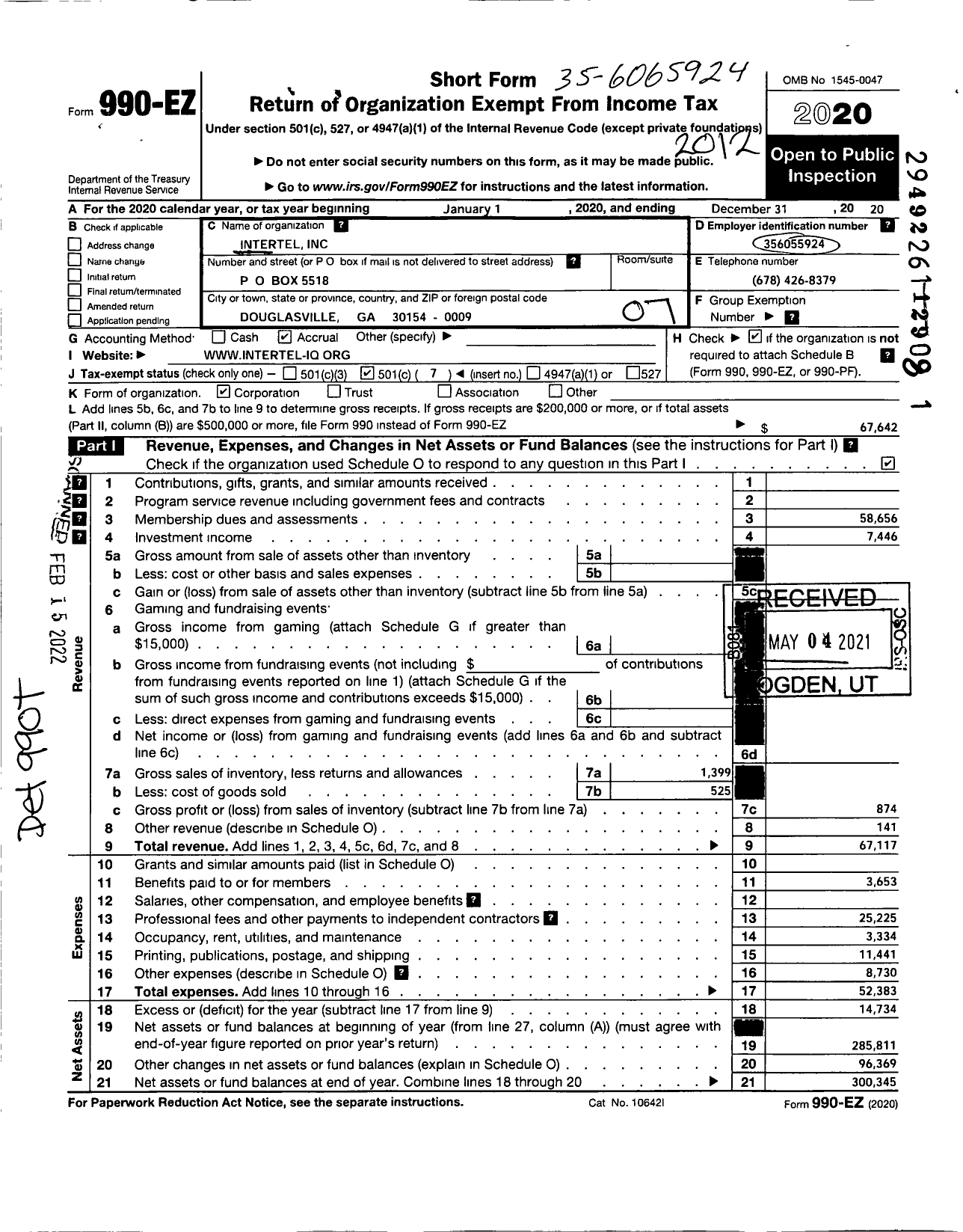 Image of first page of 2020 Form 990EO for Intertel