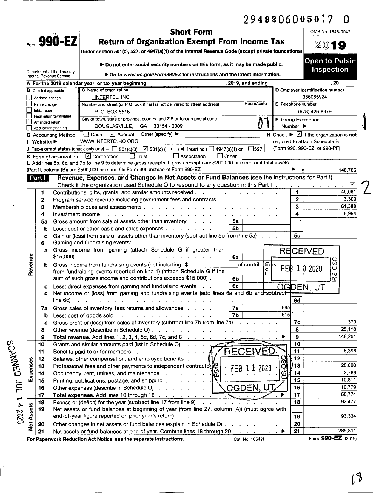 Image of first page of 2019 Form 990EO for Intertel