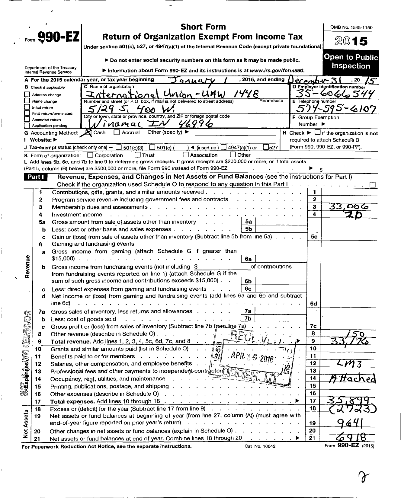 Image of first page of 2015 Form 990EO for Uaw - International Union United Automobile Areospace and Agri Worker