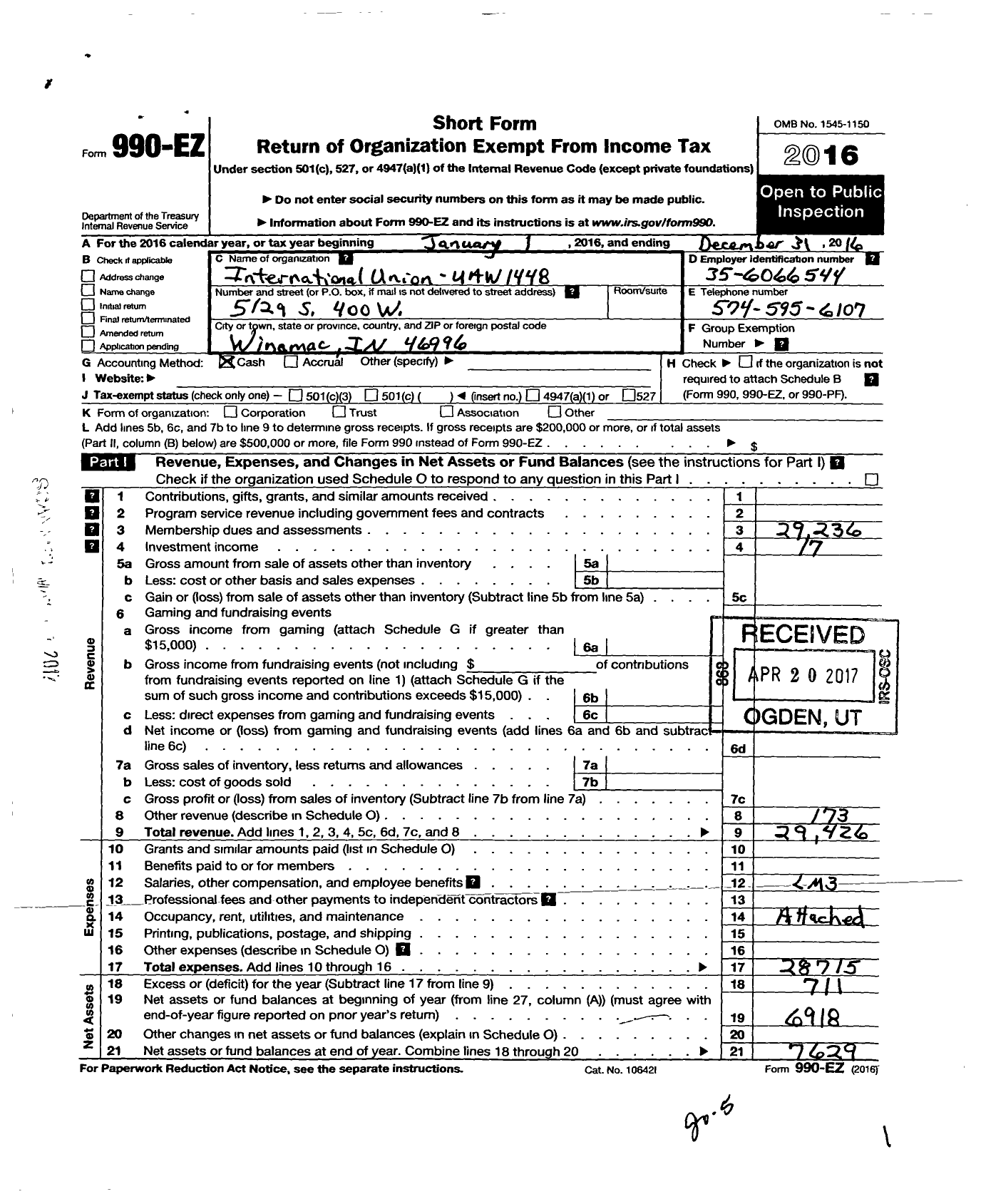 Image of first page of 2016 Form 990EO for Uaw - International Union United Automobile Areospace and Agri Worker