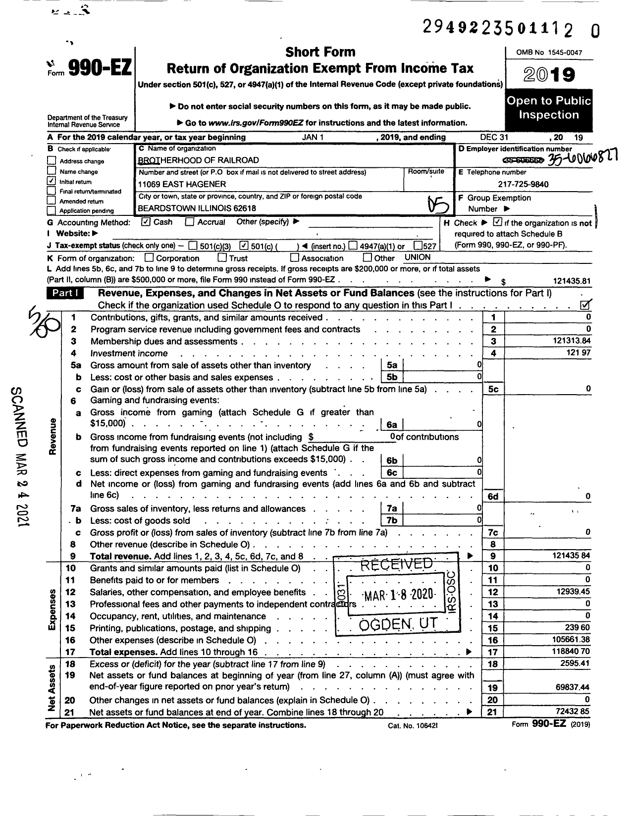 Image of first page of 2019 Form 990EO for BROTHERHOOD OF RAILROAD SIGNALMEN - 55 Wabash local