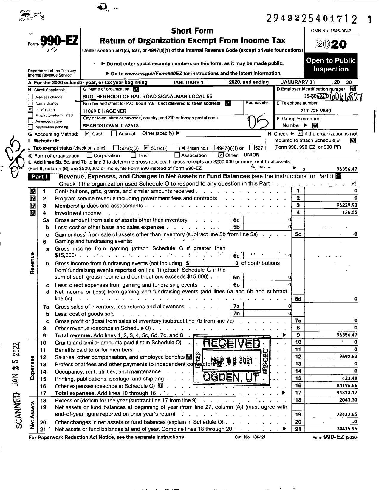 Image of first page of 2020 Form 990EO for BROTHERHOOD OF RAILROAD SIGNALMEN - 55 Wabash local