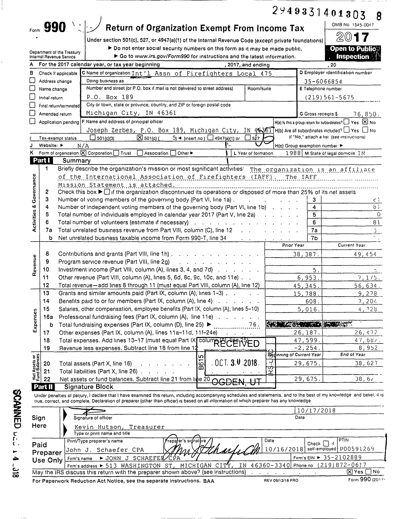 Image of first page of 2017 Form 990O for International Association of Fire Fighters - L0475 Michigan City