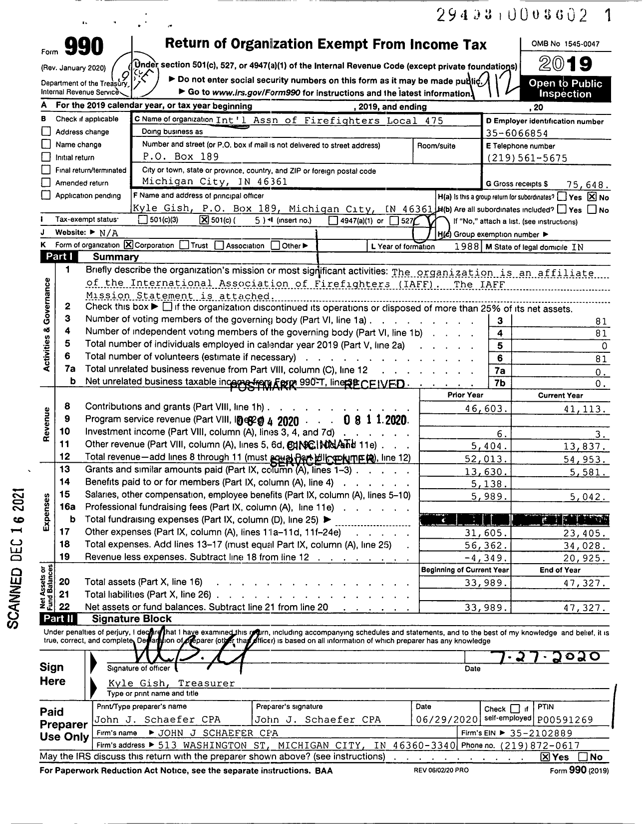 Image of first page of 2019 Form 990O for International Association of Fire Fighters - L0475 Michigan City