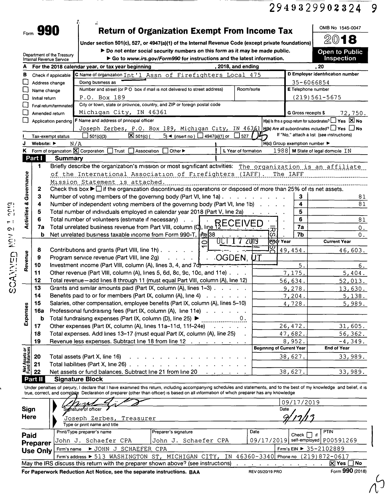 Image of first page of 2018 Form 990O for International Association of Fire Fighters - L0475 Michigan City