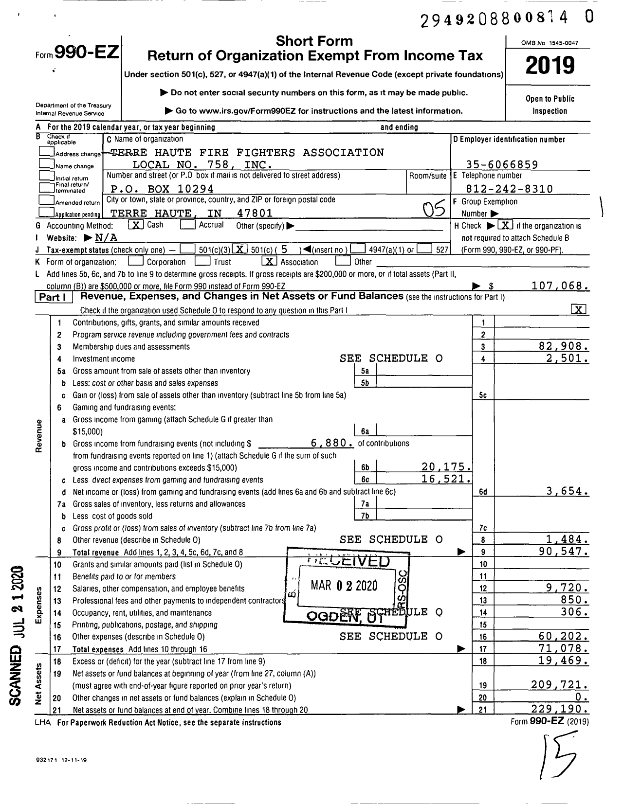 Image of first page of 2019 Form 990EO for International Association of Fire Fighters - L0758 Terre Haute