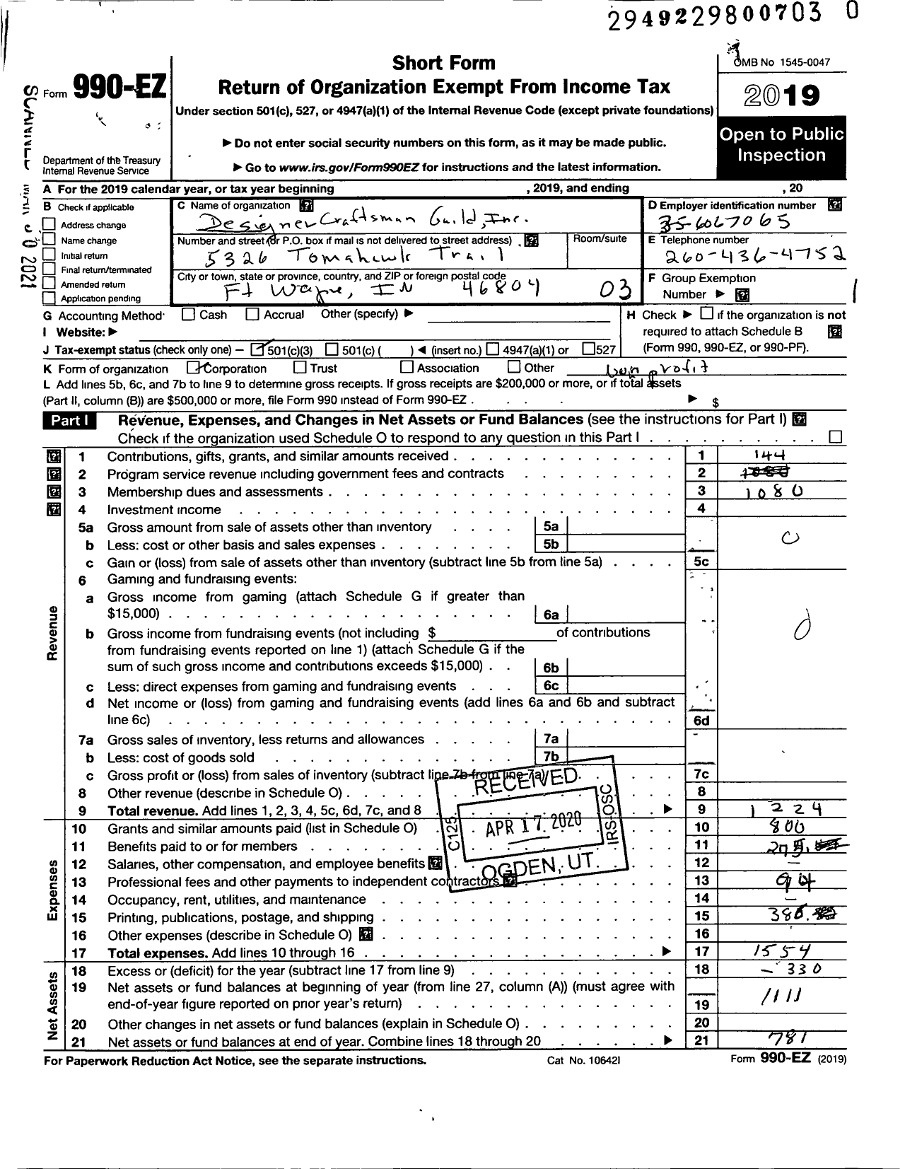 Image of first page of 2019 Form 990EZ for Designer Craftsman Guild