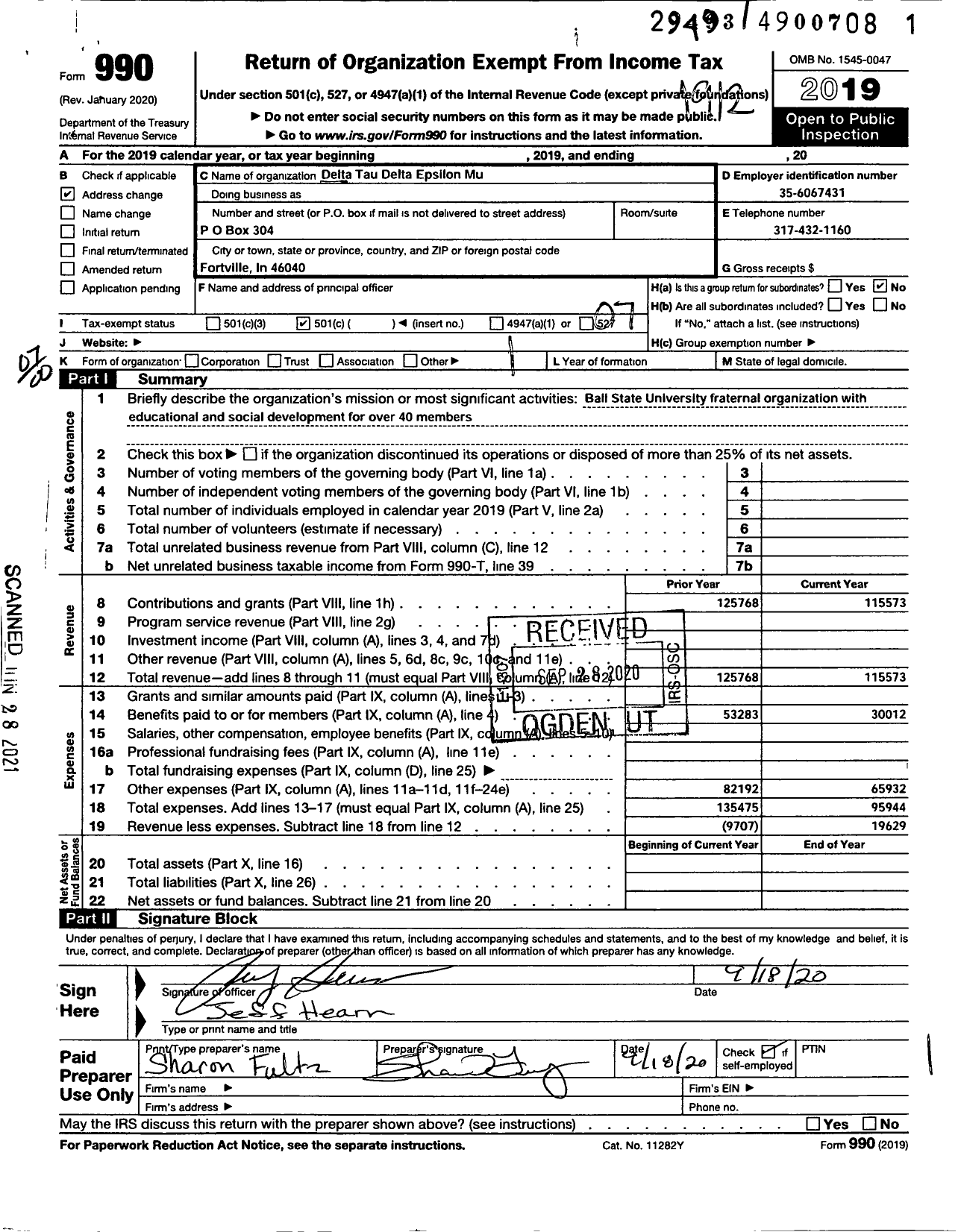 Image of first page of 2019 Form 990O for Delta Tau Delta Fraternity - Epsilon Mu Chapter