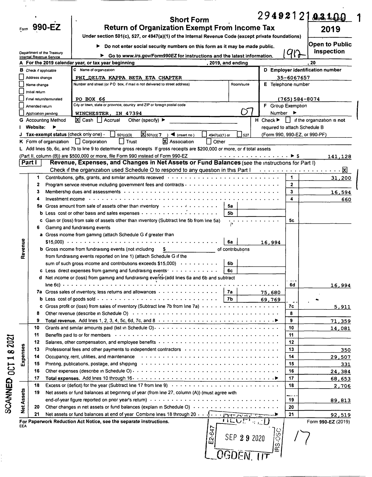 Image of first page of 2019 Form 990EO for Phi Delta Kappa Beta Eta Chapter