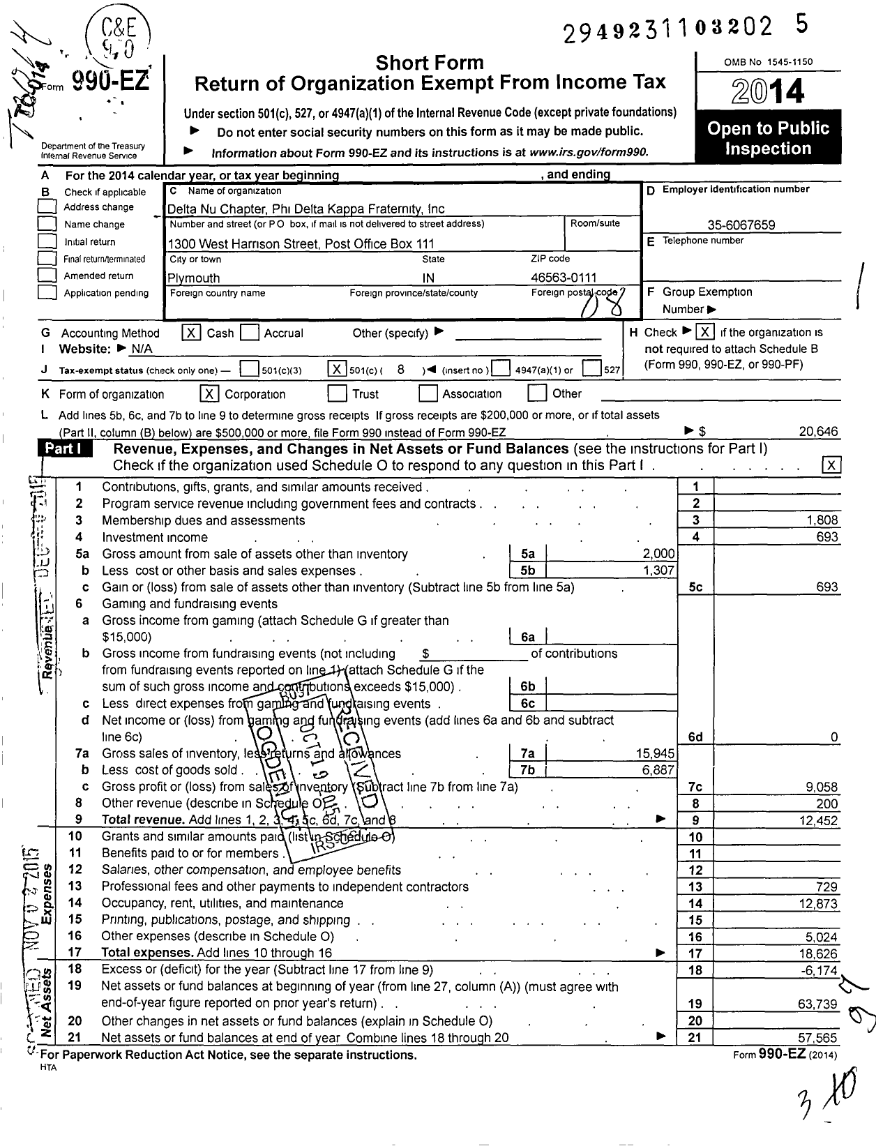 Image of first page of 2014 Form 990EO for Delta Nu Chapter Phi Delta Kappa Fraternity