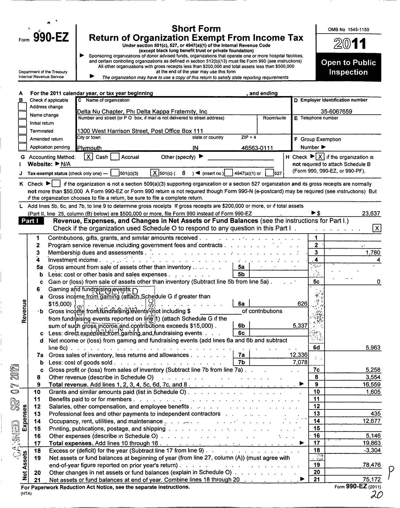 Image of first page of 2011 Form 990EO for Delta Nu Chapter Phi Delta Kappa Fraternity