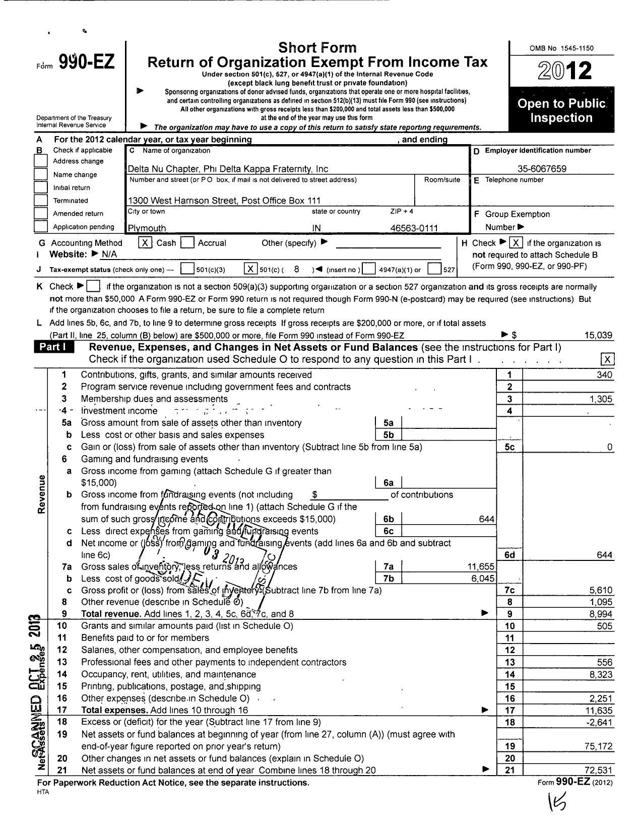 Image of first page of 2012 Form 990EO for Delta Nu Chapter Phi Delta Kappa Fraternity