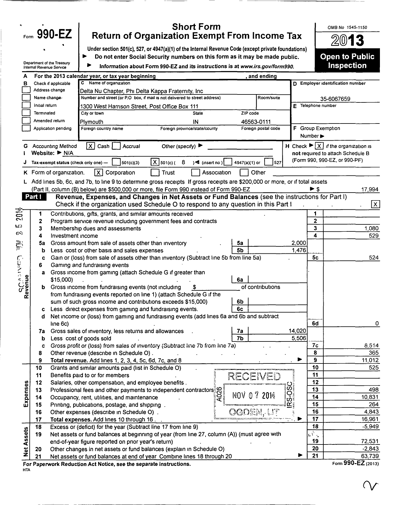 Image of first page of 2013 Form 990EO for Delta Nu Chapter Phi Delta Kappa Fraternity