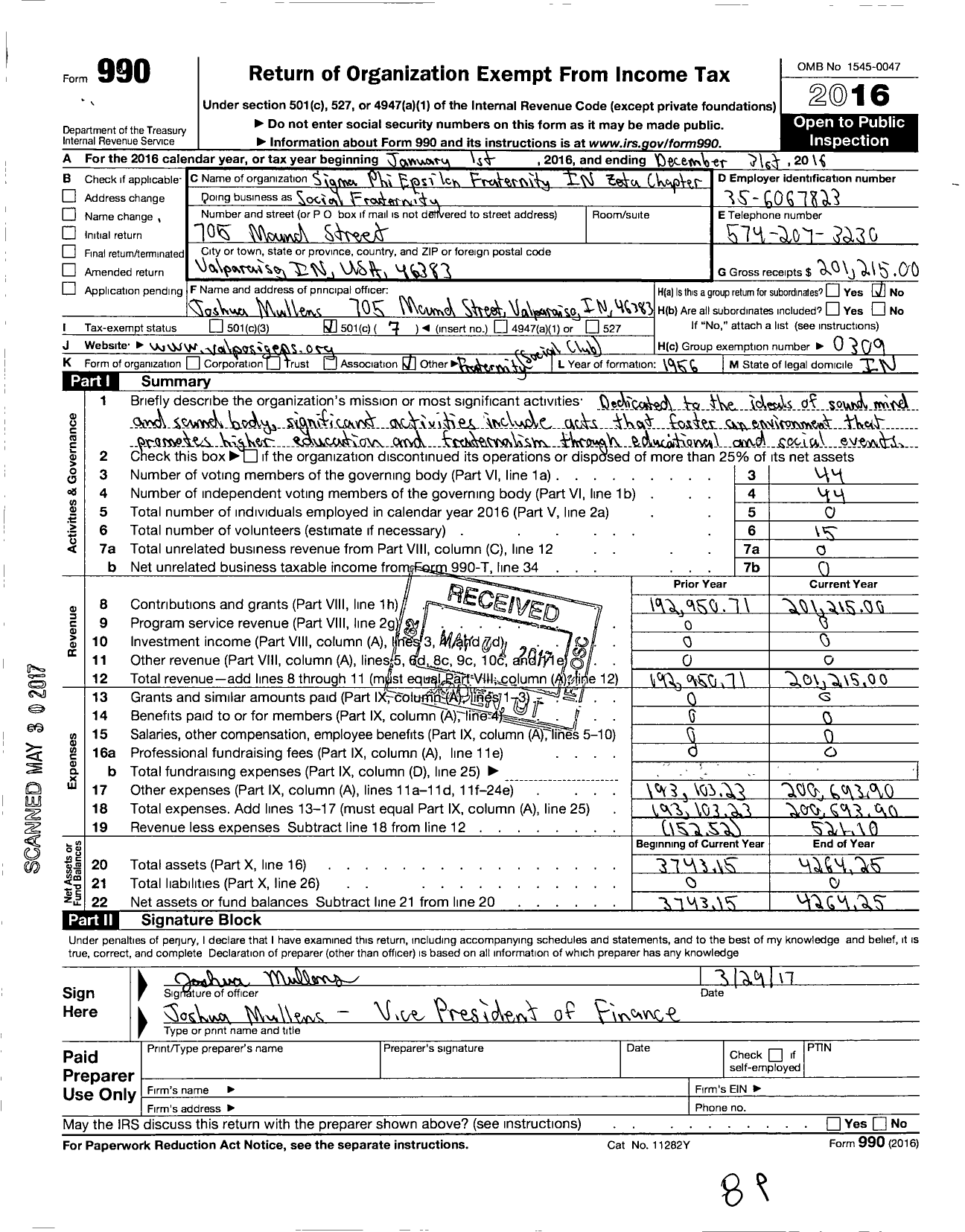 Image of first page of 2016 Form 990O for Sigma Phi Epsilon - In Zeta Chapter