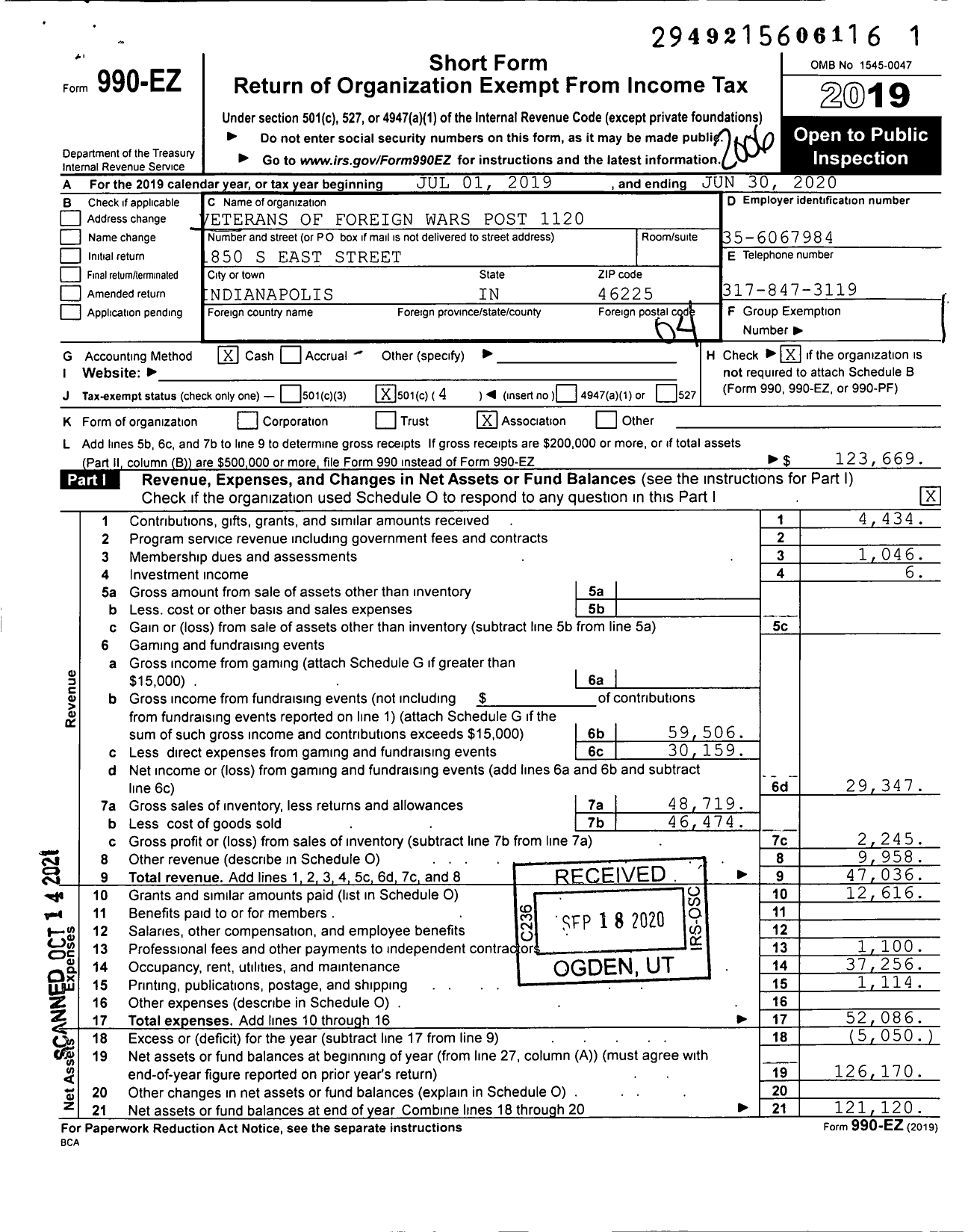 Image of first page of 2019 Form 990EO for VFW Department of Indiana - 1120 Ernie Pyle Post