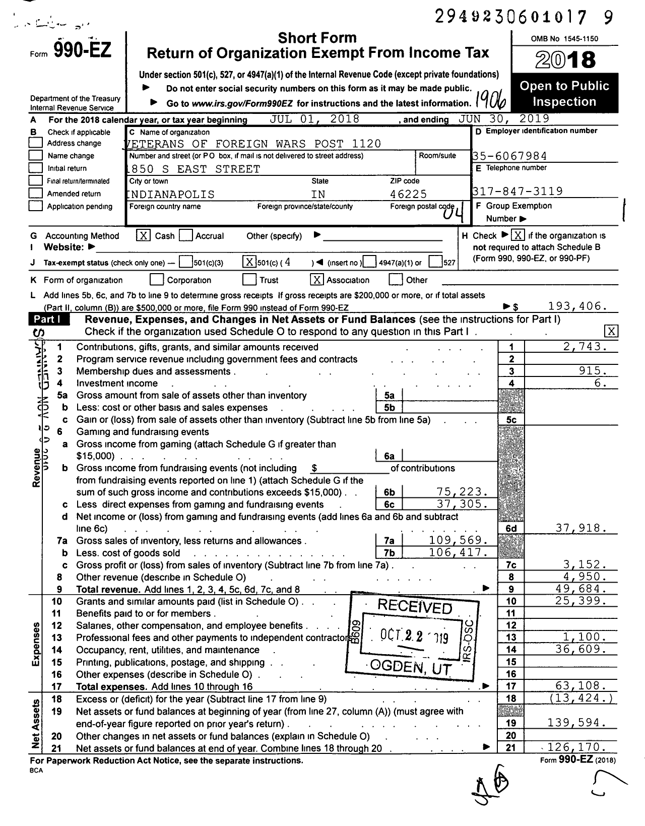 Image of first page of 2018 Form 990EO for VFW Department of Indiana - 1120 Ernie Pyle Post