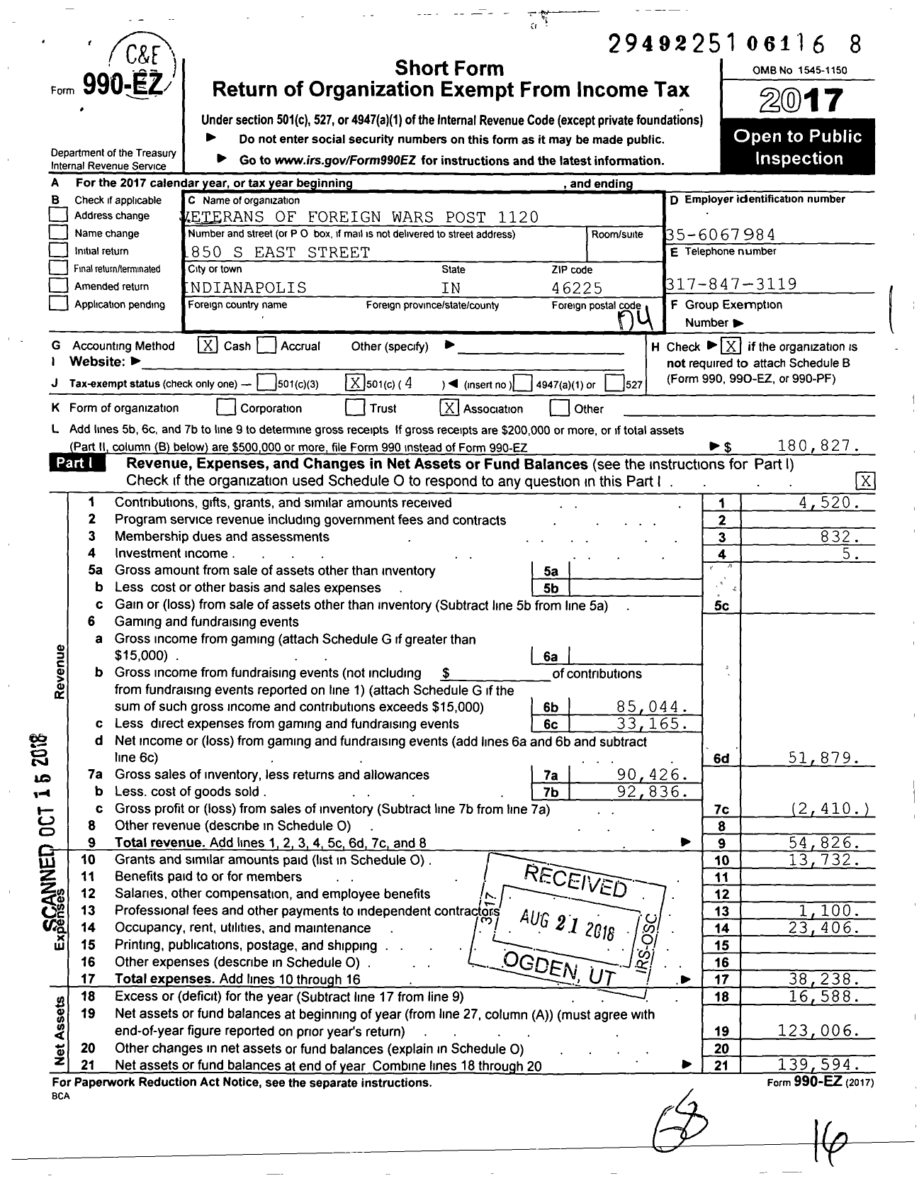 Image of first page of 2017 Form 990EO for VFW Department of Indiana - 1120 Ernie Pyle Post