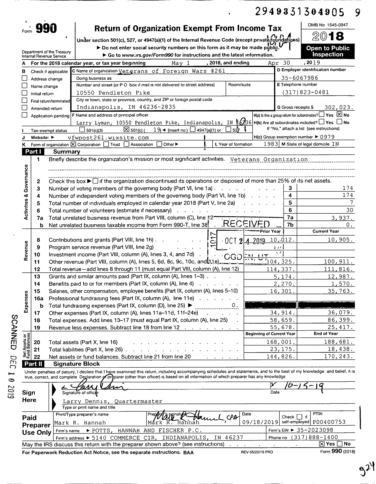 Image of first page of 2018 Form 990O for VFW Department of Indiana - 261 Lawrence Post