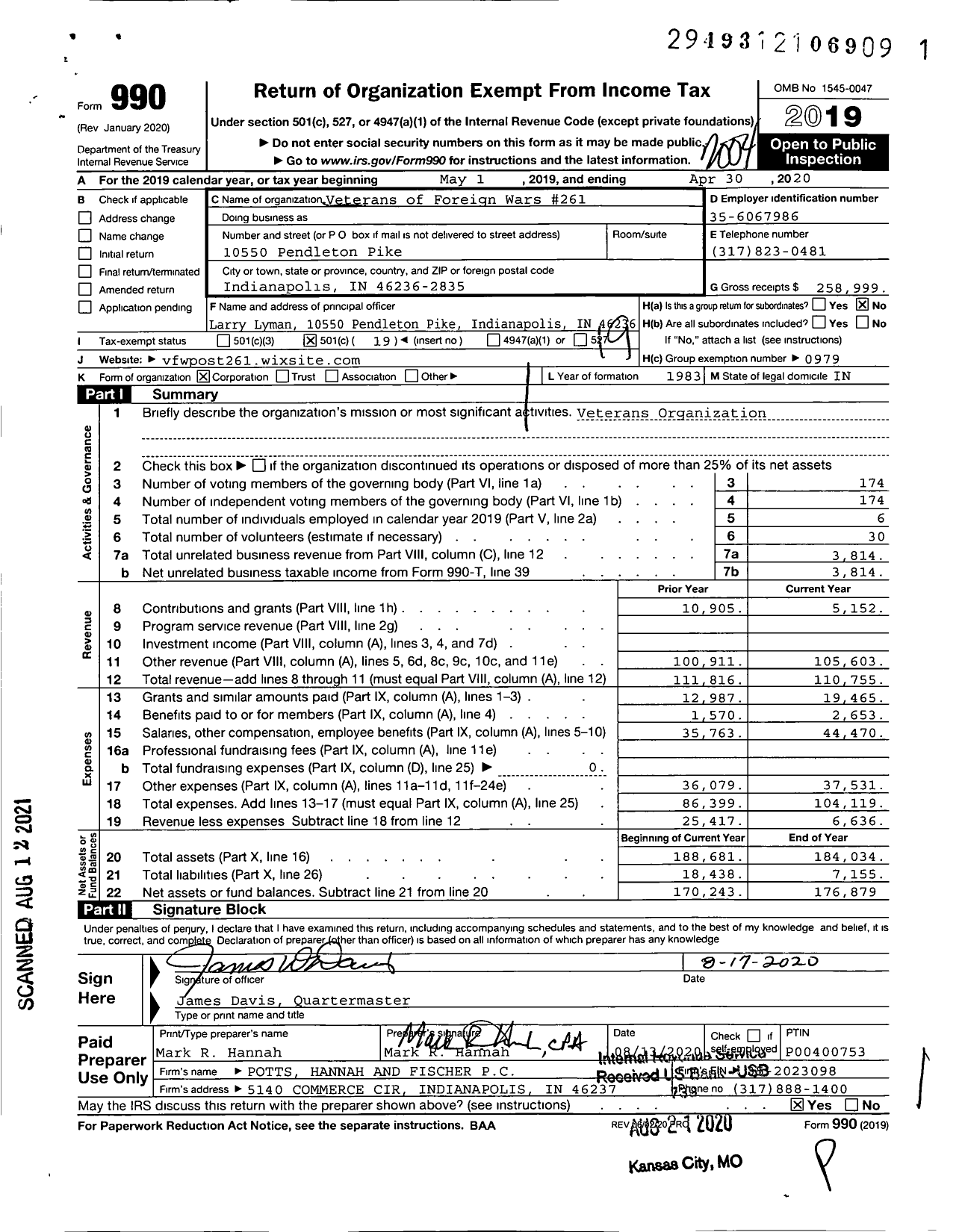 Image of first page of 2019 Form 990O for VFW Department of Indiana - 261 Lawrence Post